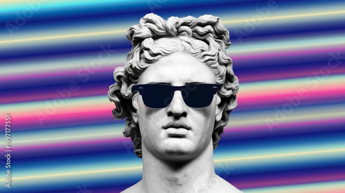 Ancient Greek statue with sunglasses on ribbed glass background