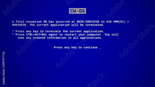 Authentic 1990s Windows era fatal exception blue screen of death BSOD system crash