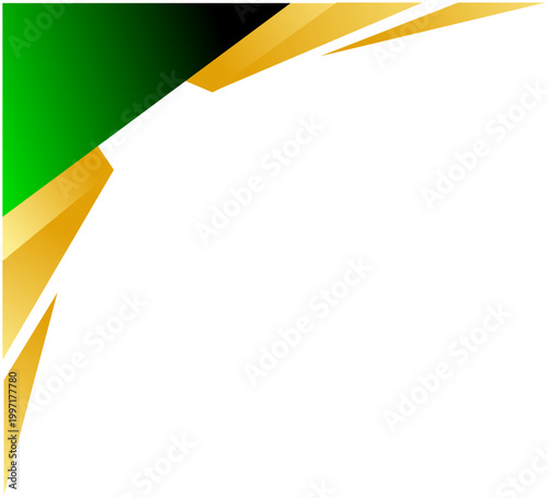 Vibrant green and gold geometric shapes angle sharply from corner. White space offers clean, modern minimalism for design projects. Bold colors imply energy, growth, or celebration