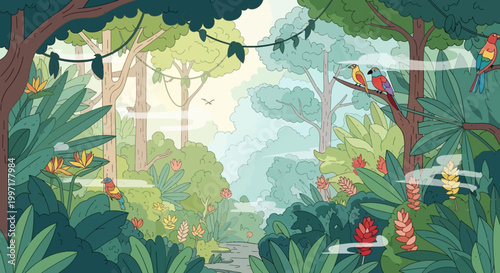 Tropical Rainforest Illustration with Exotic Birds and Jungle Plants