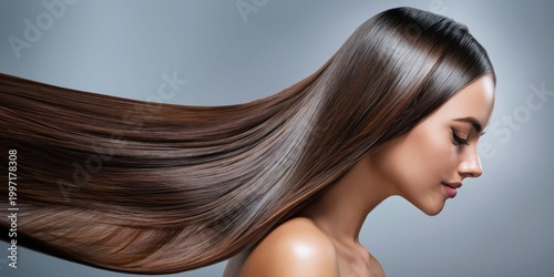 Woman with ultra glossy, long, flowing brown hair in slow motion, studio shot