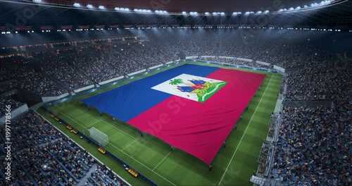 Professional Stadium With Soccer Game Championship With Flag of Haiti Spread Across Pitch Before Football Match Start. Cheering Crowds of Fans at Arena Anthem Ceremony. Aerial Static Wide Shot