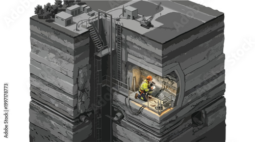 Isometric illustration of an underground mining operation with a worker in safety gear inspecting rock layers in a deep subterranean shaft with surface equipment