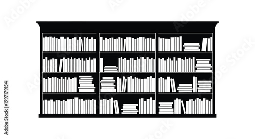 A detailed black silhouette of a large bookshelf filled with books