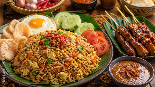 Картината върху платно A colorful and appetizing Indonesian feast featuring nasi goreng served with a sunny-side-up egg, fresh vegetables, crispy crackers, and satay skewers accompanied by rich peanut sauce