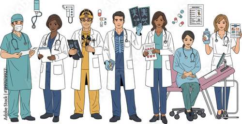 Medical Team and Healthcare Professionals Vector Illustration Featuring Doctors, Nurses, Surgeon, and Medical Equipment for Healthcare, Treatment, and Medical Services