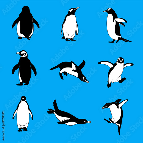 Collection of penguin silhouettes in various poses including walking, standing, diving, and swimming, presented in a clean vector style on a blue background.