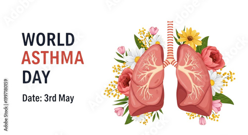 World Asthma Day Illustration with Human Lungs and Floral Elements for Medical Awareness and Health Education Campaign Design