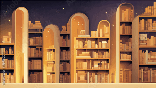 Whimsical library illustration with arched bookshelves under a starry night sky, magical bookstore background with glowing warm light, fantasy book collection