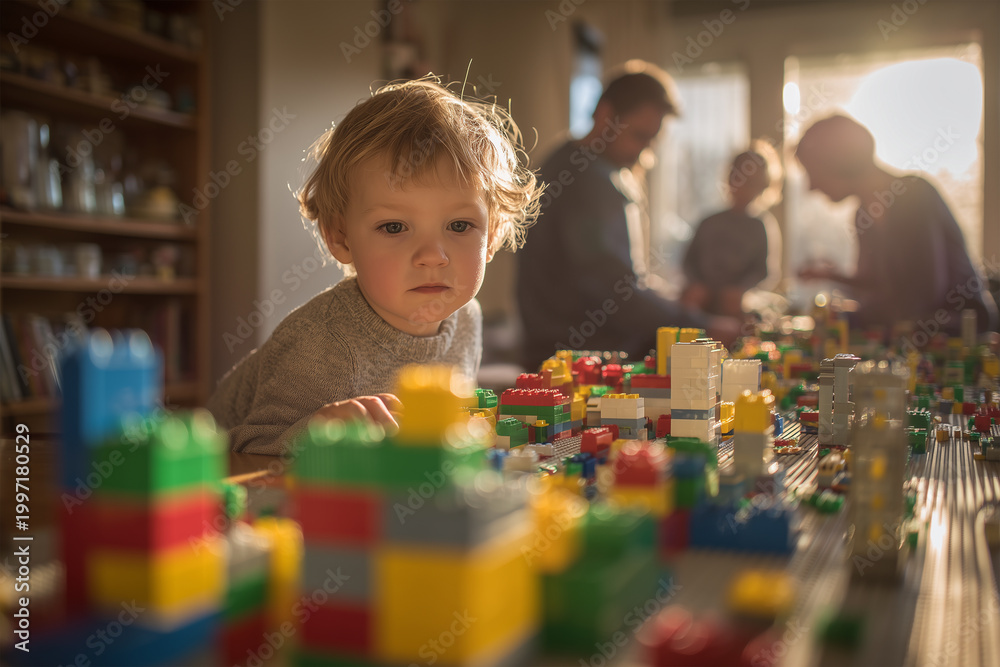 Obraz premium Family enjoys building a vibrant Lego city together while a toddler curiously explores the colorful pieces in the foreground