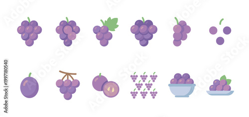 A flat design illustration collection featuring various purple grape clusters, single grapes, sliced grapes, and grapes in bowls against a white background, perfect for food and healthy lifestyle.