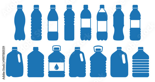 Plastic bottle set for water beverage blue silhouette blank label
