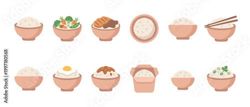 A collection of flat design icons featuring various bowls of rice, including plain rice, rice with toppings like vegetables, meat, and egg, and a take-out box.