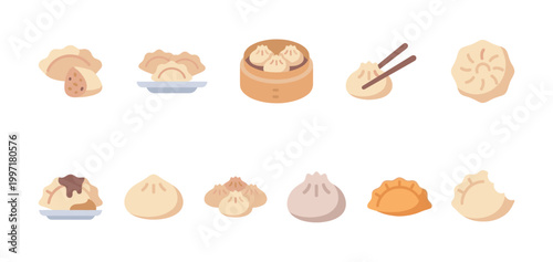 A flat design illustration featuring a variety of popular Asian dumplings and buns, presented as clean icons on a white background, perfect for culinary themes.