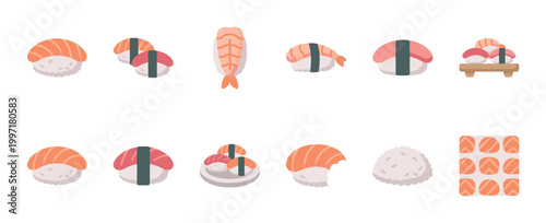 A playful, minimalist flat design illustration set featuring various sushi types and a rice ball, perfect for food-related graphics and menus.