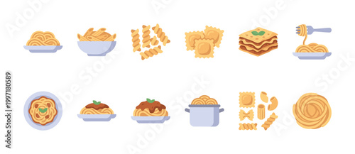 A collection of diverse Italian pasta dishes and uncooked pasta shapes presented in a flat design style with a white background.