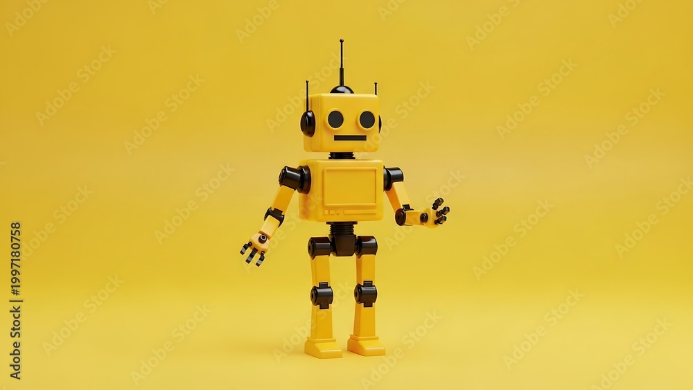 Fototapeta premium Yellow lego minifigure robot standing on blue circular base against bright yellow background