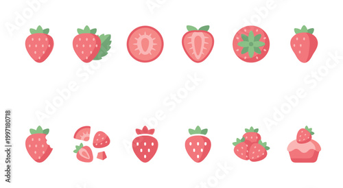 A collection of various flat design illustrations of strawberries including whole, sliced, bitten, and a cupcake, perfect for summer or food concepts.