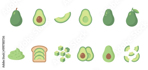 Collection of flat design avocado icons including whole fruit, slices, toast, and puree, ideal for healthy food concepts and graphic design.