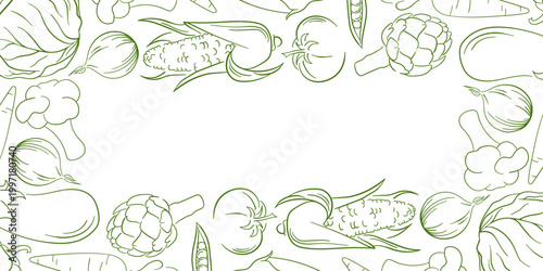 Border with line art style vegetable, cabbage, corn, tomato and eggplant. Illustration in green color background for menu, package, textile and healthy store design.