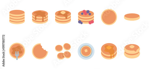 A flat design collection of various pancake illustrations, including stacks, syrup, butter, berries, and a bitten pancake, perfect for food blogs or breakfast menus.