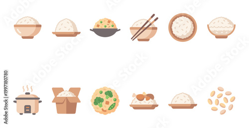 A flat design illustration featuring various rice dishes including bowls of white rice, fried rice, and a rice cooker.