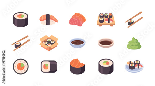 This isometric flat design illustration features a collection of stylized sushi and sashimi icons with a white background, perfect for digital or print food-related projects.