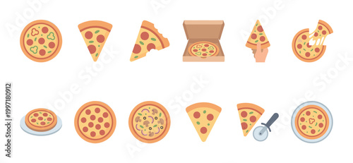 A diverse collection of flat design pizza icons showcases whole pizzas, slices, a pizza box, a hand holding a slice, and a pizza cutter.