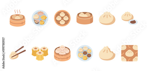 A collection of flat vector icons representing various delicious dumplings, including steamed buns and potstickers, presented in a clean, modern style.