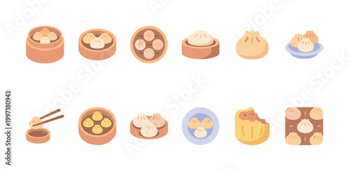 A collection of flat design icons representing various dim sum dumplings, presented in bamboo steamers and on plates, suitable for food blogs, menus, or apps.