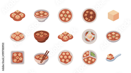 This isometric illustration features a collection of stylized icons representing various tofu dishes in bowls and plates, perfect for food-related projects.