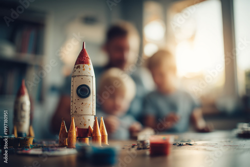 Father and children enjoying quality time building a small rocket model in a cozy home setting