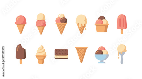 A vibrant collection of flat design icons featuring various ice cream cones, popsicles, and sandwiches, perfect for summer or dessert-themed concepts.