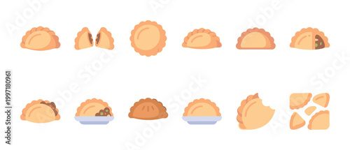 A colorful set of flat design empanadas icons showcasing various types, fillings, and preparations against a clean white background.
