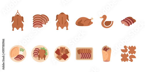 A collection of stylized flat icons depicting various roasted poultry and duck dishes, including whole birds, sliced meats, and prepared meals, set against a clean white background.