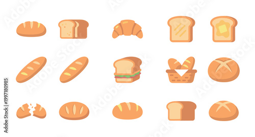 A collection of flat design illustrations of various baked goods including bread, toast, croissants, and sandwiches on a white background.