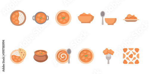 This flat illustration set features various depictions of Indian food, including bowls of curry and rice, spoons, and a fork with food, rendered in warm orange and beige tones.