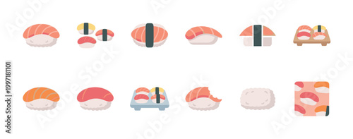 A collection of cute, flat design sushi illustrations in various types, including nigiri and maki rolls, on a clean white background.