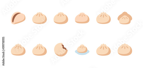 A flat illustration showcasing a collection of stylized dumplings in various poses, perfect for food-related designs and digital content.