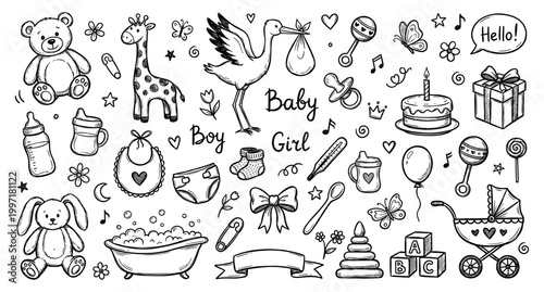 Baby shower doodle set with stork teddy bear stroller rattle