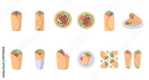 A diverse collection of flat design illustrations showcasing various shawarma wraps and ingredients, ideal for food menus, websites, and marketing.