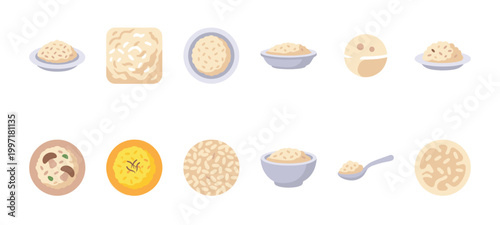 A vibrant flat illustration collection showcasing various rice dishes, including plain rice, risotto, and saffron rice, presented in bowls and on plates.