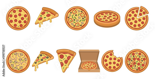 A delightful collection of various pizza illustrations, including whole pizzas, slices with dripping cheese, and a pizza box, perfect for food-related designs.