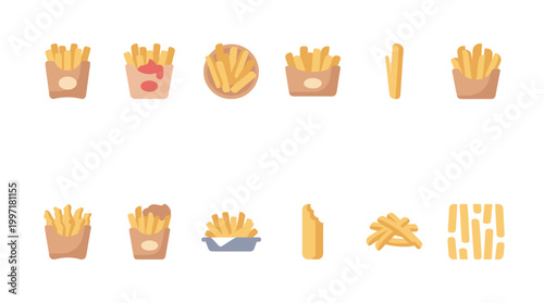 A diverse collection of flat illustration icons showcasing various presentations of french fries in different containers and styles, perfect for food-related designs.