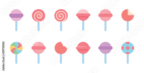 A vibrant flat design illustration showcases a diverse collection of twelve colorful lollipops against a clean white background, perfect for playful designs.