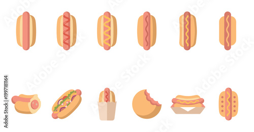 A collection of diverse, stylized flat icons representing hot dogs with various toppings, condiments, and presentations on a clean white background.
