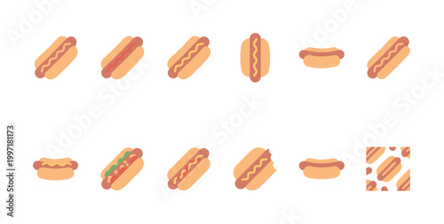 A collection of stylized flat hot dog illustrations in various positions and with different toppings, including a seamless pattern, on a white background.
