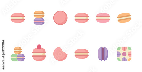 A flat illustration collection of colorful macarons and macaron-inspired patterns, presented against a clean white background, perfect for culinary or design projects.
