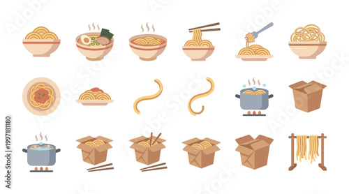 A collection of stylized flat icons representing various noodle dishes, cooking processes, and takeout containers, perfect for food blogs, menus, or recipe apps.