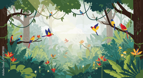 Canvastavla Vibrant Tropical Rainforest Illustration with Exotic Birds and Flora